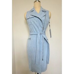 CALVIN KLEIN Asymmetric Zip Light Blue Collared Belt Sleeveless Sheath Dress 4